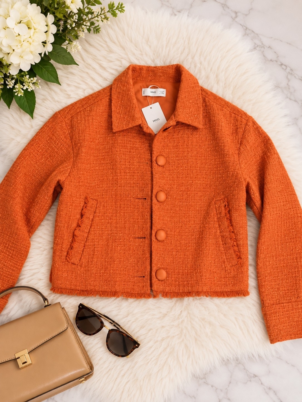 Mango Women's Orange Tweed Button-Front Jacket